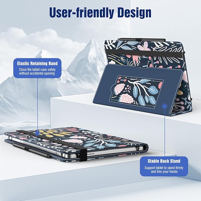 TiMOVO Universal Case for 10.1 Inch Android Tablet with Pen Loop, Lightweight Folding Stand Cover with Hand Strap for All 9.6"-11" Touchscreen Tablet, Colorful Flower