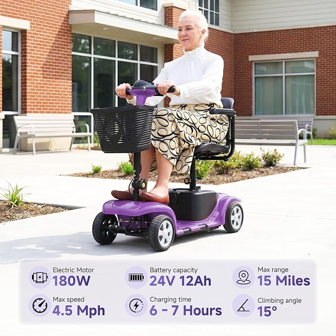 XERATH Mobility Scooters for Seniors Lightweight and Portable,Mobility Scooter with LED Headlights and Basket,lightest Foldable Mobility Scooter 4 Wheels Electric Powered Chargeable Device (Purple)