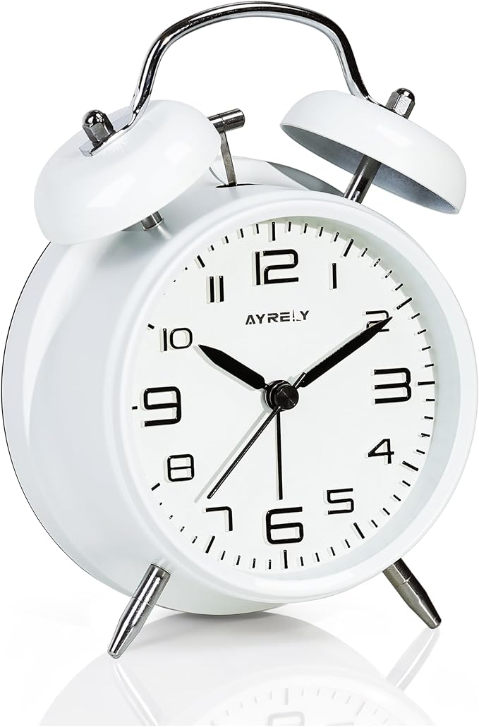 AYRELY® Super Loud Twin Bell Alarm Clock for Heavy Sleepers Adults, 4-Inch Retro Silent Non-Ticking with Night-Light, 3D Raised Number Dial, Battery Operated for Bedroom Bedside (3D Dial – White)