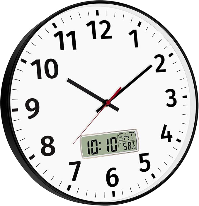 Foxtop 14 Inch Digital Wall Clock with Time, Day of Week and Temperature, Silent Non-Ticking Battery Operated Round Digital and Analog Black Wall Clock for Office Classroom Bedroom Home School