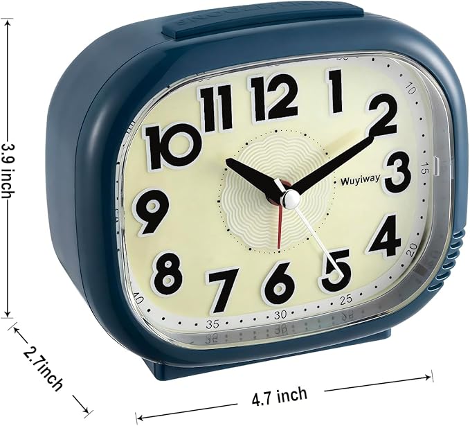 Vintage Retro Analog Alarm Clock, Battery Operated, Silent No Ticking, Glow in Dark Dial, Lighted on Demand and Snooze, Blue, 4.7" x 3.9" x 2.7"