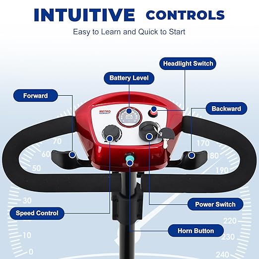 Metro Mobility 4 Wheel Powered Mobility Scooters, 300 lbs Capacity Mobility Scooters for Adults, Folding Mobility Scooter Lightweight, Electric Scooters for Seniors 10 Miles Range LED Light Red