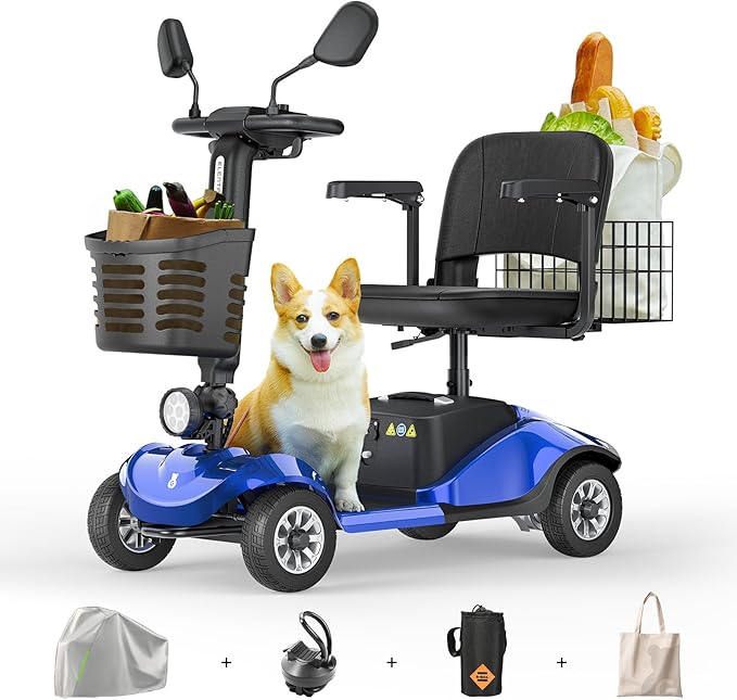 Paiseec Mobility Scooters for Seniors & Adults, Powered Mobility Scooters, 4 Wheel Foldable Mobility Scooter, All Terrain, LED Headlight & Dual Baskets, 350 lb Capacity, FDA Cleared (Blue)