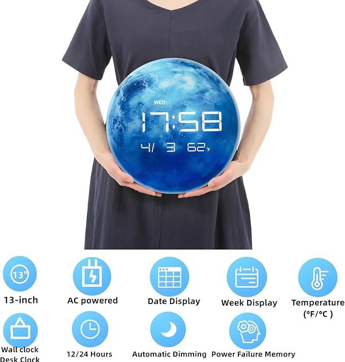Nbdeal 13" Digital Wall Clock with LED Display, Calendar & Temperature, Automatic Dimming, 12/24hr Format, Wall & Desk Use - HUI-7862