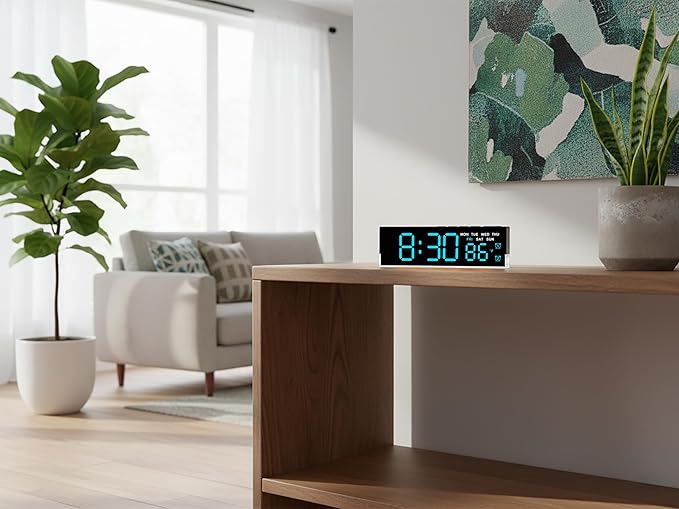 45MinST 7-Inch LED Digital Alarm Clock with Bottom Glow Light｜Displays Time, Date, Day, Temperature｜Dual Alarms, DST, Auto/Manual 3-Level Brightness, Battery or USB Powered Desk Clock,Blue
