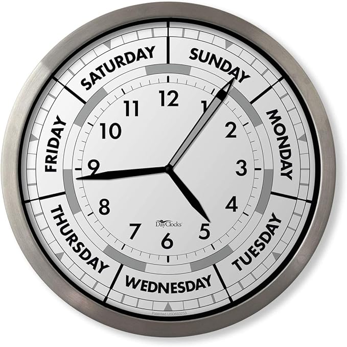 Time & Day of The Week Wall Clock with 12” Modern Aluminum Frame – – Ideal Retirement Gift for Men and Women, Day Clock for Seniors and Retirees