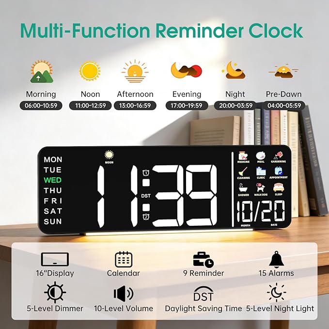 Hoifen Clock with Day and Date for Seniors, 16" Large Display Digital Calendar Dementia Wall Clock for Memory Loss with Time Periods & Task Reminders, Remote Control, Night Light, Auto Dim & DST (RGB)