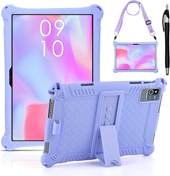 DETUOSI Silicone Case for Okaysea 10.1 inch Tablet with Stylus Pen & Shoulder Strap, Multi-Angle Stand Case, Soft Lightweight Protcetive Cover for QunyiCO 10.1, Moderness MB1001 10.1, Light Purple