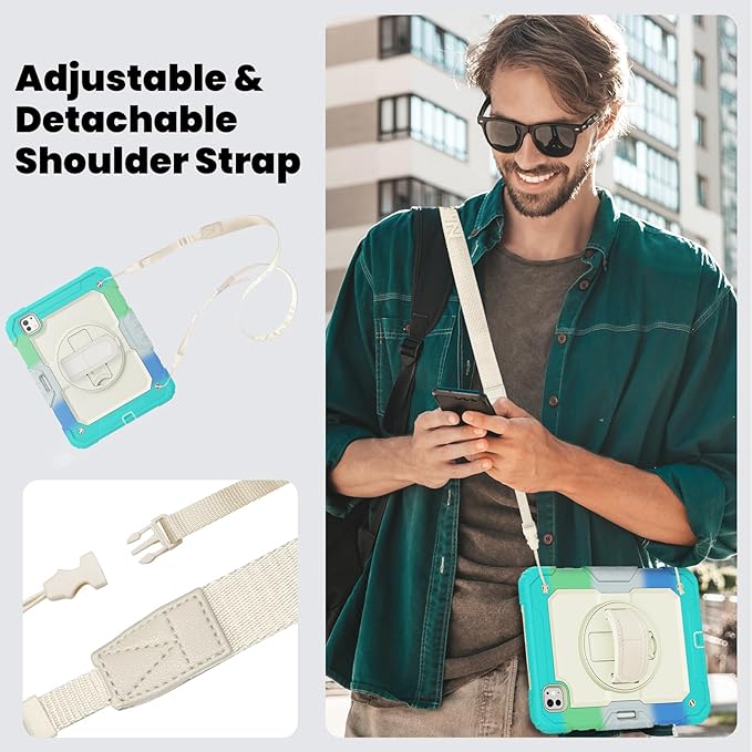 Dteck for iPad Pro 11 inch (M4/M5) 2024/2025 Shockproof Case with Screen Protector/Stylus Pencil Holder/Rotating Kickstand/Grip Hand Strap, Heavy Duty Protective Rugged Tablet Cover, Colorful Mint