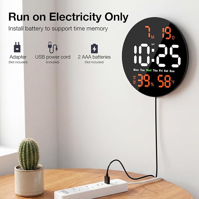 Large Digital Clock for Classroom, Digital Classroom Clocks for Teachers, 10" Round LED Clock with Large Display，Date, Countdown Timer, Remote Control, Temperature, Electric (Orange)