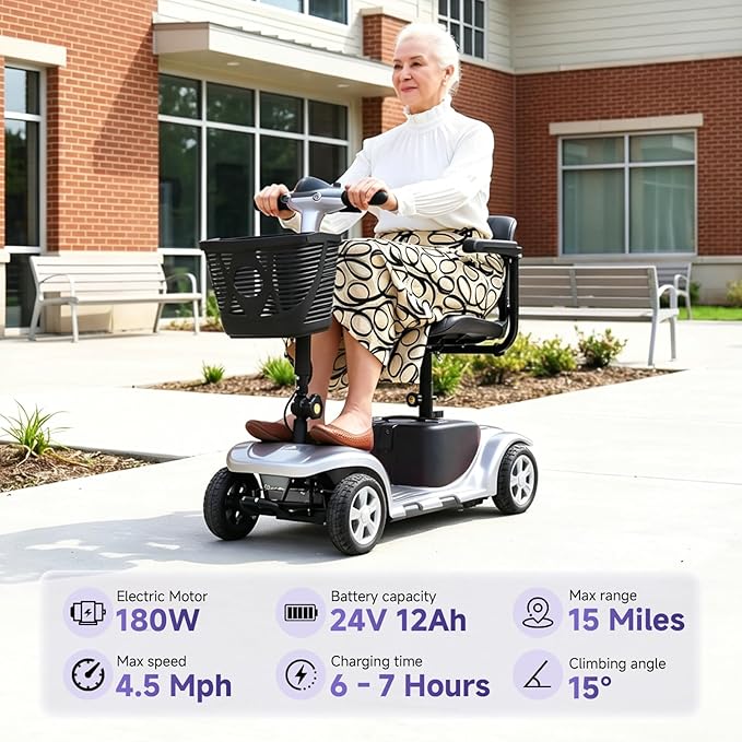 XERATH Mobility Scooters for Seniors Lightweight and Portable,Mobility Scooter with LED Headlights and Basket,lightest Foldable Mobility Scooter 4 Wheels Electric Powered Chargeable Device (Silver)