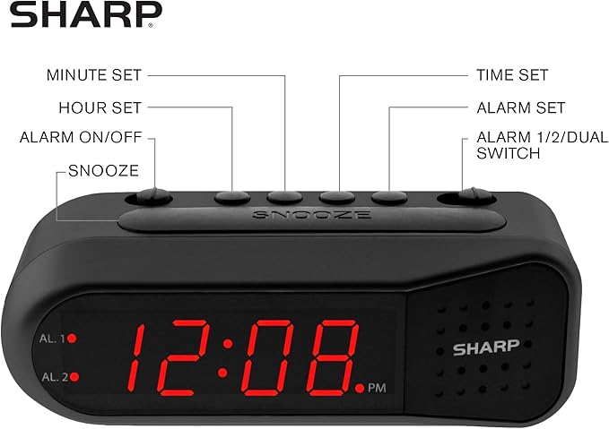 Sharp Easy-Set Digital Alarm Clock for Bedroom – Large Red LED Display, Ascending Loud Alarm for Heavy Sleepers, Dual Alarm Weekday/Weekend, Simple Operation, Snooze, Battery Backup