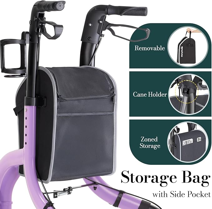 3 Wheel Walkers for Seniors, Lightweight Rollator Walkers Foldable for Elderly with Cane Hold and Cup Hold, Height Adjustable Aluminum Three Wheel Rolling Walker Mobility Aid, Purple