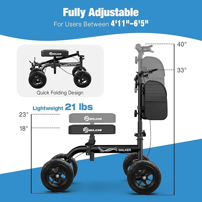 WHLICKS All Terrain Knee Scooter for Adults for Foot Surgery, Foldable & Steerable Knee Walker with PU Wheels, Medical Knee Scooter for Broken Foot Injured, Lightweight Leg Scooter for Broken Ankle