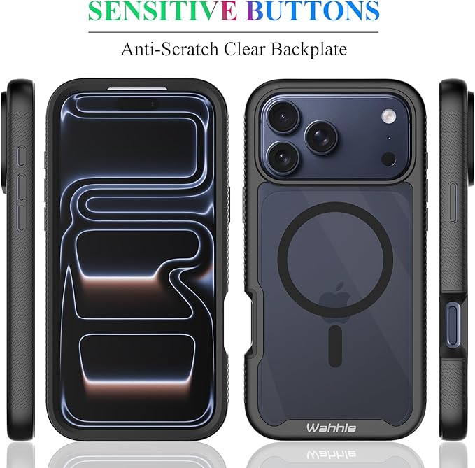 wahhle Compatible with iPhone 17 Pro Case, Magnetic Built in Screen Protector Full Body Shockproof Slim Fit Bumper Protective Phone Cover Men Women 6.3"-Black/Clear