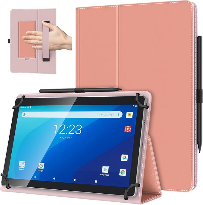 TiMOVO Universal Case for 10.1 Inch Android Tablet with Pen Loop, Lightweight Folding Stand Cover with Hand Strap for All 9.6"-11" Touchscreen Tablet, Puff Pink
