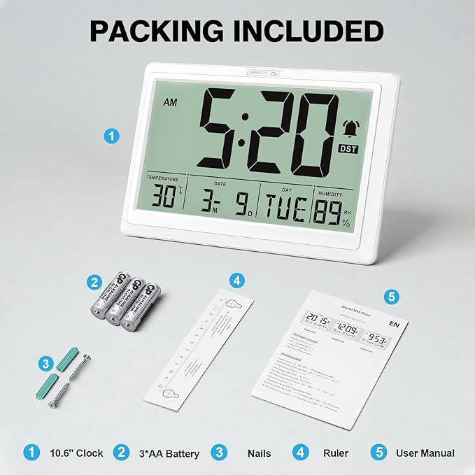 XREXS 10.4 Inch Digital Wall Clock, Battery Operated Large Display Clock, Digital Calendar with Indoor Temperature/Humidity/Date/Day, Auto DST for Classroom, Livingroom, Office(No Backlight)(White)