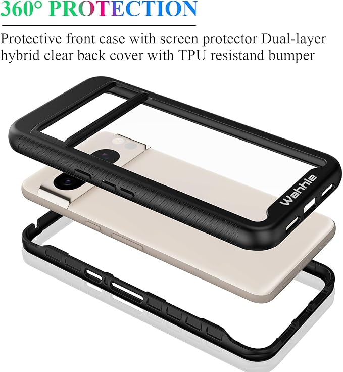 wahhle Compatible with Google Pixel 8 Pro Case, Built in Screen Protector Full Body Shockproof Slim Fit Bumper Protective Phone Cover Men Women-Black/Clear