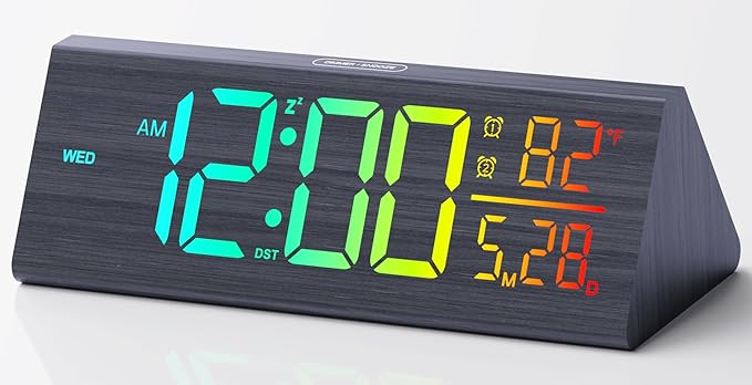 Solid Wood Digital Alarm Clock for Bedroom - 8.8 Inch Large Display, Multicolor Backlight Time Display, Dual Alarms, Date/Temp/Day, DST, Snooze, Black