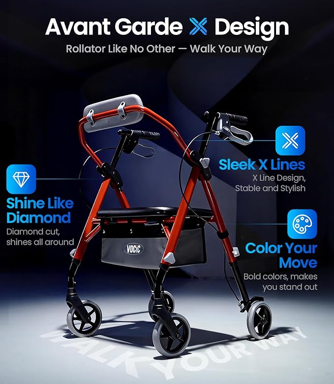 Walker for Seniors, 380lb Capacity, Walker with Seat & Backrest, All-Terrain Wheels, Adjustable Height, Foldable Compact Design