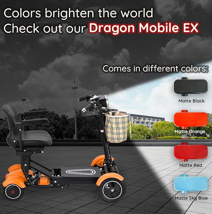 Dragon Mobile EX 4 Wheel Foldable Mobility Scooter for Adults, Elderly & Travel - All Terrain Aluminum Alloy Power Wheelchair with Premium Large Seat - Front Basket Included (Matte Orange)