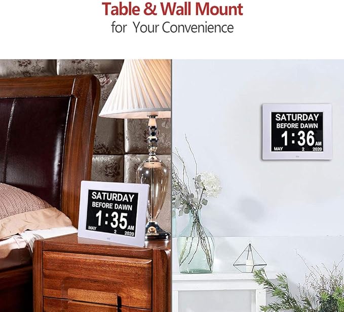 Yescom 8" Large Digital LCD Day Clock 8 Alarm Options Dimmable Calendar for Elderly Dementia Home Wall Table White