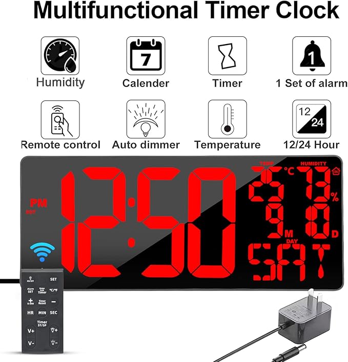 [Oversized] 18" Large Digital Wall Clock with Remote Control, Auto-Dimming Digital Clock Display with Date/Temp/Week, DST, Alarm, 5.9”Jumbo Numbers Large Digital Clock for All Spaces Use