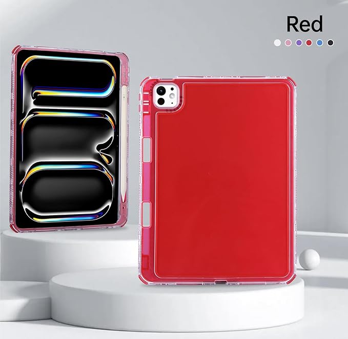 Dteck for iPad Pro/Air 13" (M5/M4/M3/M2), Pro 12.9" (6th/5th/4th/3rd Gen) Clear Case with Pencil Holder/Screen Protector Film/Stylus, 3 Layers Protective Lightweight Slim Transparent Back Cover, Red