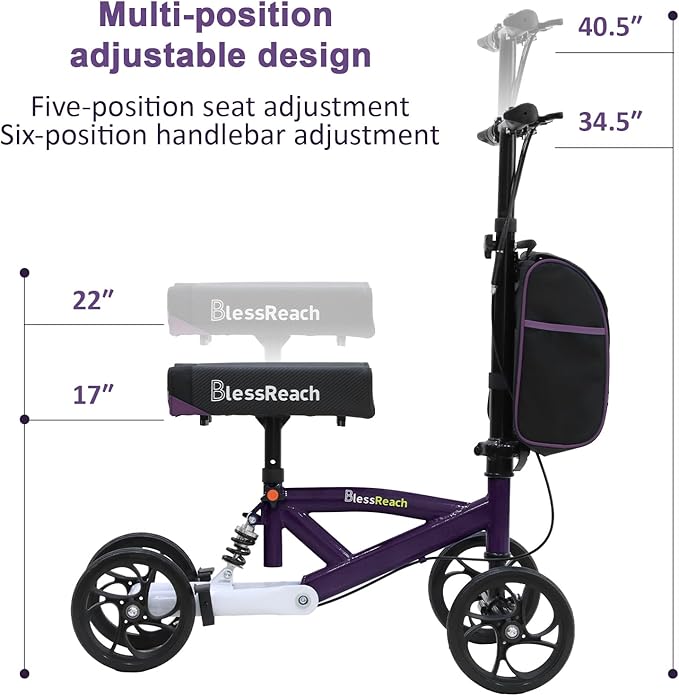 BlessReach Steerable Knee Walker Deluxe Medical Scooter for Foot Injuries Compact Crutches, with Dual Rear on-Wheel Brake and Shock Absorption Under The Knee pad