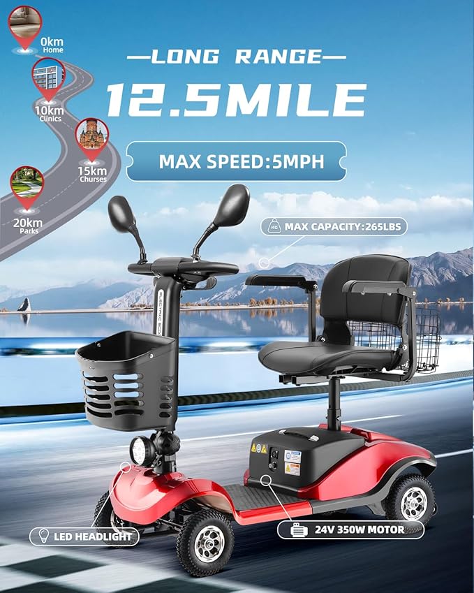 Folding Mobility Scooter for Seniors 4 Wheel Scooter for Adults Electric Medical Scooter Compact for Travel - Electric Powered Wheelchair Device - Compact Heavy Duty Mobile (Red)