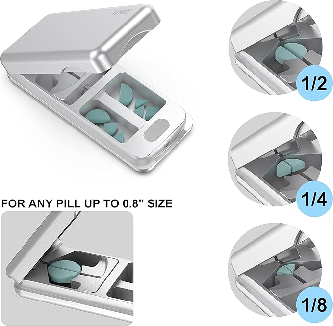 JEINAPA Aluminum Pill Splitter Cutter with Auto Centering Device, 316L Stainless Blade, Genuine Leather Case, Professional Pill Splitter for Cutting Small or Large Pills (Silver)