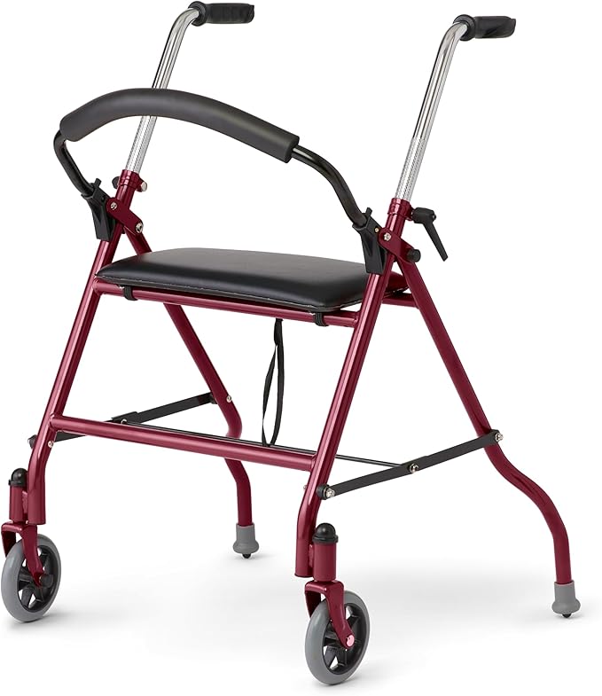 Medline 2-Wheel Rollator Walker, for Adults and Seniors, 300 lb. Weight Capacity, Burgundy, 5-Inch Wheels, Padded Seat, Foldable, Adjustable Handles, Pressure-Activated Brakes