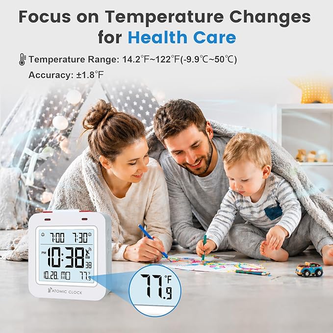 Small Digital Atomic Alarm Clock for Bedroom, 3.15 Inch Portable Travel Clock with Dual Alarms and Snooze, Indoor Temperature, 8s Backlight, Battery Included, White
