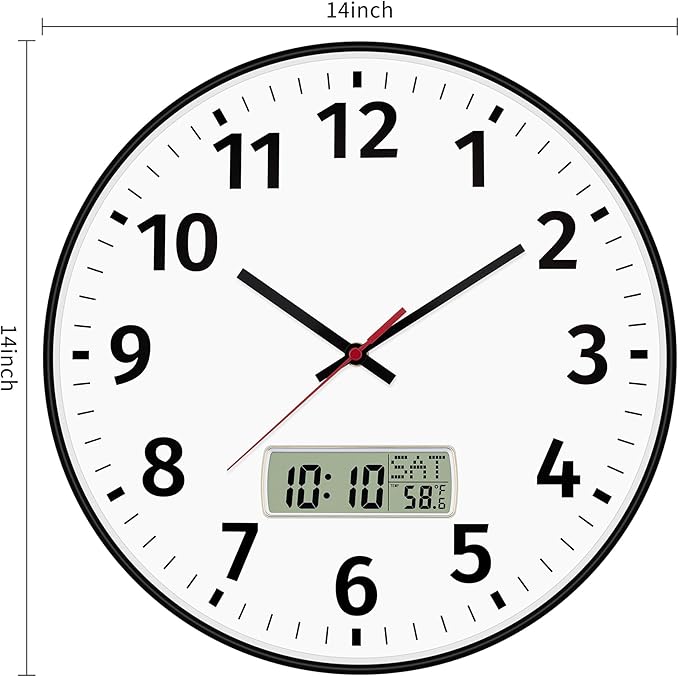 Foxtop 14 Inch Digital Wall Clock with Time, Day of Week and Temperature, Silent Non-Ticking Battery Operated Round Digital and Analog Black Wall Clock for Office Classroom Bedroom Home School