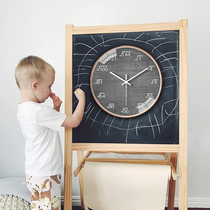 QINFIEY 10 Inch Math Wall Clock Silent Non Ticking Movement Quality Quartz Wall Clock for Office Classroom/School/Home/Kitchen/Living Room Wall Decorations (Grey)