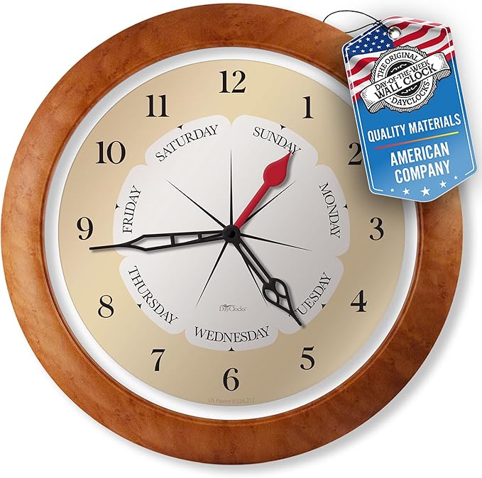 Time & Day of The Week Wall Clock with 13.5” Maple Accent Frame – – Ideal Retirement Gift for Men and Women, Day Clock for Seniors and Retirees