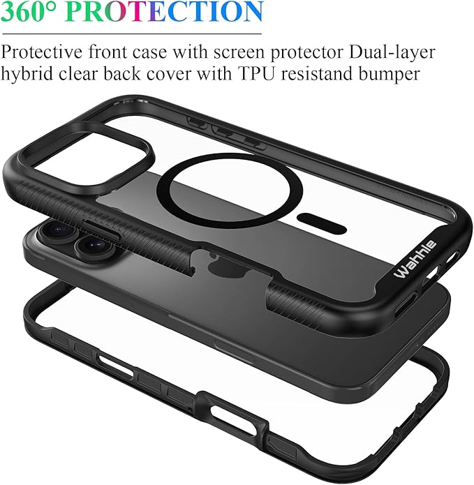 wahhle Compatible with iPhone 16 Pro Max Case, Magnetic Built in Screen Protector Full Body Shockproof Slim Fit Bumper Protective Phone Cover 6.9'' Men Women-Black/Clear