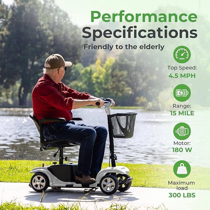 Mobility Scooter for Adults, 4 Wheels Lightweight Scooter, Foldable Mobility Scooter Long Range for Travel, Adults, Elderly, Supports 300 lbs, Powered Wheelchair with Charger & Basket (Silver Silver)