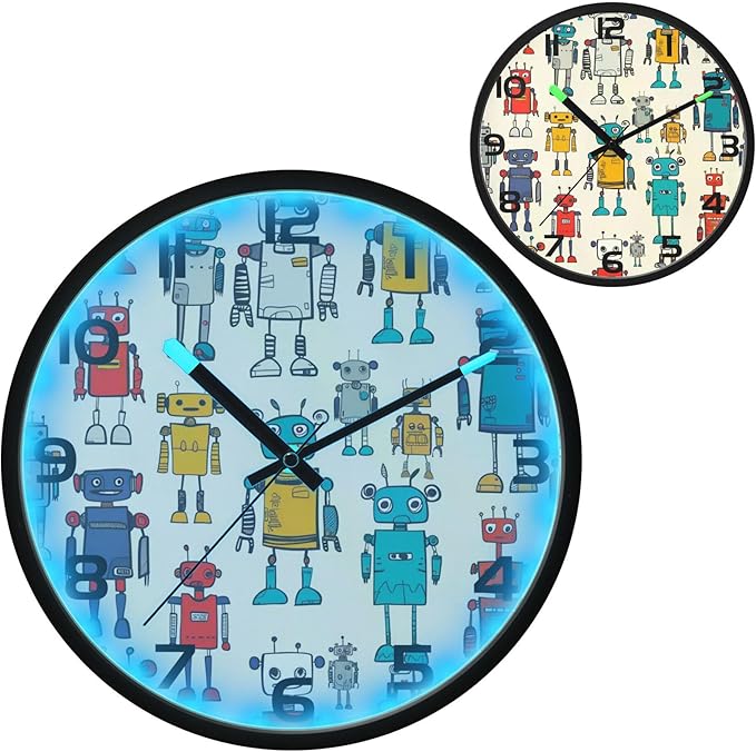 Cute Robots Cartoon Wall Clock with Night Light, Sound Control Clock, Non-Ticking, Battery Operated, Light Up Clocks for Bedroom