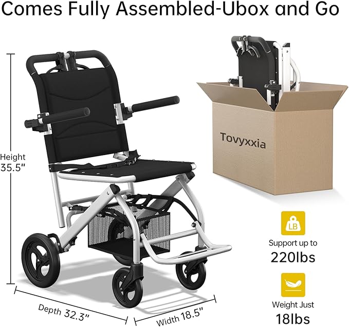 18lbs Ultra-Lightweight Wheelchair, Foldable Transport Wheelchair for Seniors & Adults with Handbrake, Easy Portable Travel Wheel Chair with Padded Seat & Storage Bag, Supports 220lbs No Installation