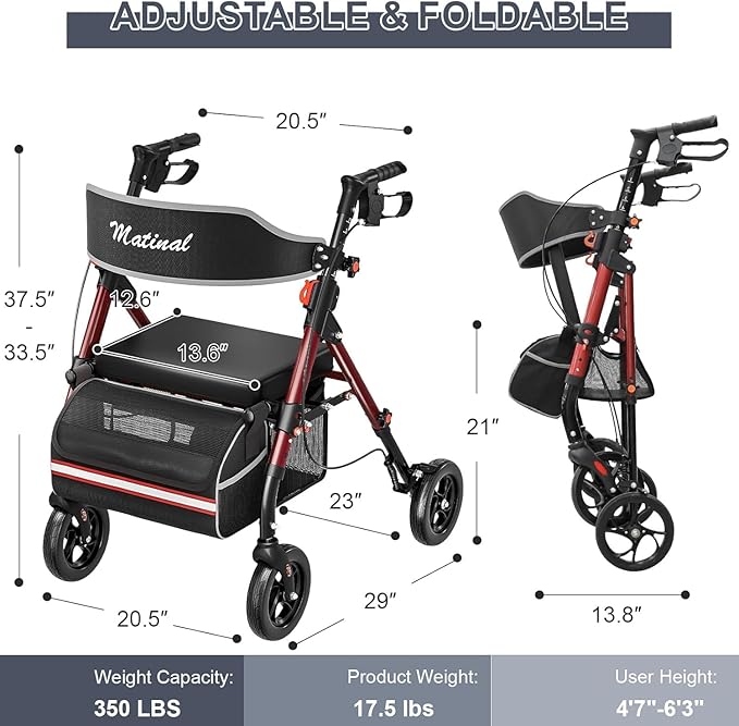 Foldable Rollator Walkers with Seat for Seniors, Lightweight Rollator Walker with 8" Big Wheels, Height Adjustable Ergonomic Rolling Walker Seat, Aluminum and Carbon Steel (Burgundy)