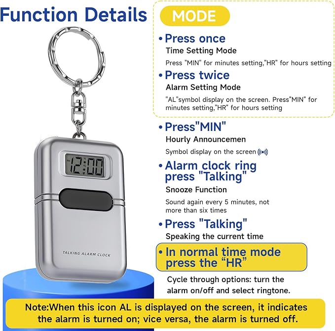 Lenporl Talking Clock for The Blind and Visually Impaired - Easy-Use Talking Alarm Clock for Blind Elderly with Voice Announcement, LCD Display, Keychain & Portable Design