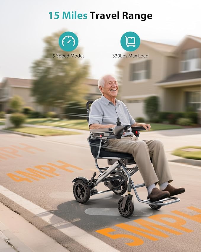 Lightweight Foldable Electric Wheelchair for Adults & Seniors, 33 lbs Portable Compact Motorized Wheelchairs, Dual 180W Motors 15 Miles Range All-Terrain Wheelchair, w/Bonus Cane & Lock