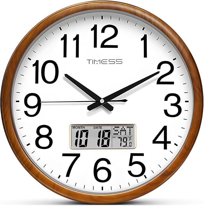 TIMESS Wall Clock, Classic Wood Style Finish, 16 Inch Non-Ticking Silent Battery Operated Quartz Analog with Perpetual Calendar and F° Temperature Display, Home, Office Décor (Wood Yellow)
