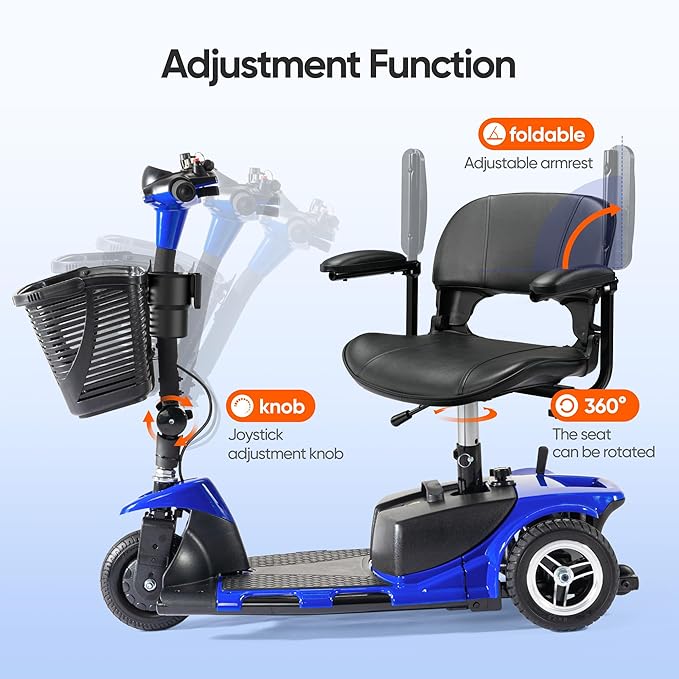 3 Wheel Mobility Scooters for Adults，Collapsible Electric Powered Wheelchair，Portable Compact Motorized Scooter for Travel，Long Range Power，Battery with Charger，Basket and Cup Holder (Blue)