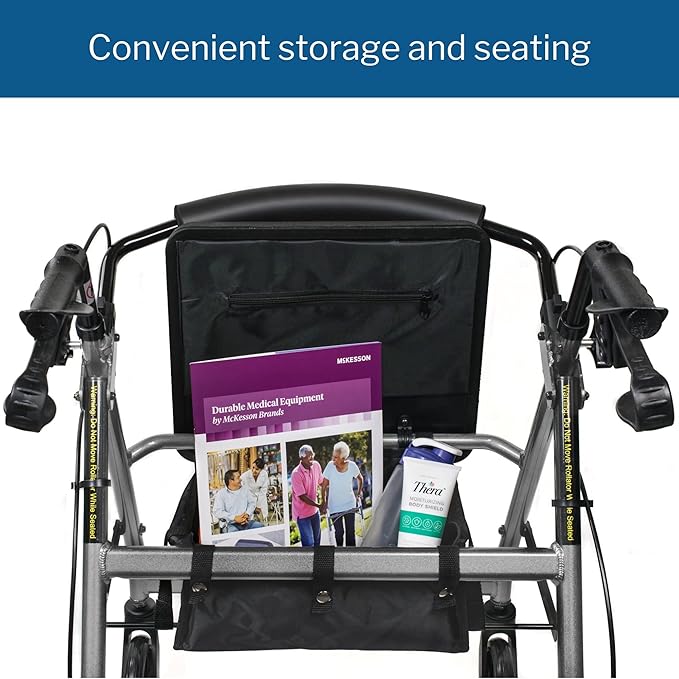McKesson Rollator Walker with Seat and Wheels, Lightweight, Aluminum, 300 lbs Weight Capacity, Silver, 1 Count