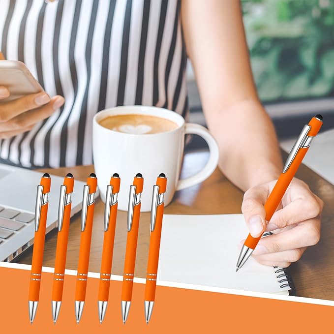 24 Pcs Blue Ink Ballpoint Pen with Stylus Tip 2 in 1 Ballpoint Pen 1.0 mm Blue Ink Metal Stylus Pen for Touch Screens Coworkers, Family, Colleagues, Office (Orange)