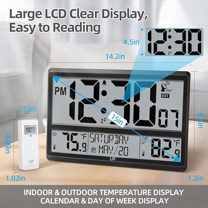 LFF Atomic Clock 4.5" Numbers, 15'' Large Display Atomic Wall Clock Never Needs Setting, Indoor Outdoor Temperature with Wireless Outdoor Sensor, Battery Powered, Clock for Home Office