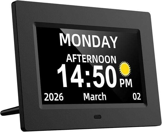 7 inch Digital Calendar Day Clock for Seniors & Elderly, Extra Large Display with Non-Abbreviated Day Date & Month, Dementia Alarm Clock for Memory Loss, Auto-Dimming, Black