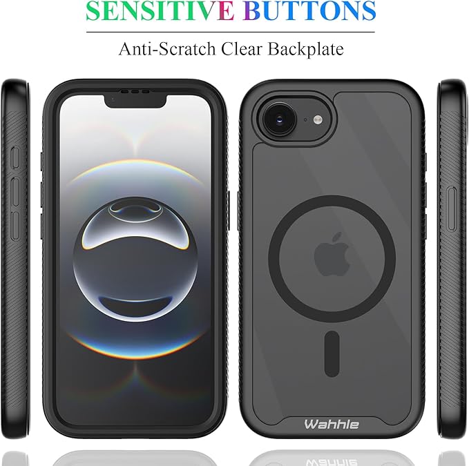 wahhle Compatible with iPhone 16e Case, Magnetic Built in Screen Protector Full Body Shockproof Slim Fit Bumper Protective Phone Cover Men Women 6.1“-Black/Clear
